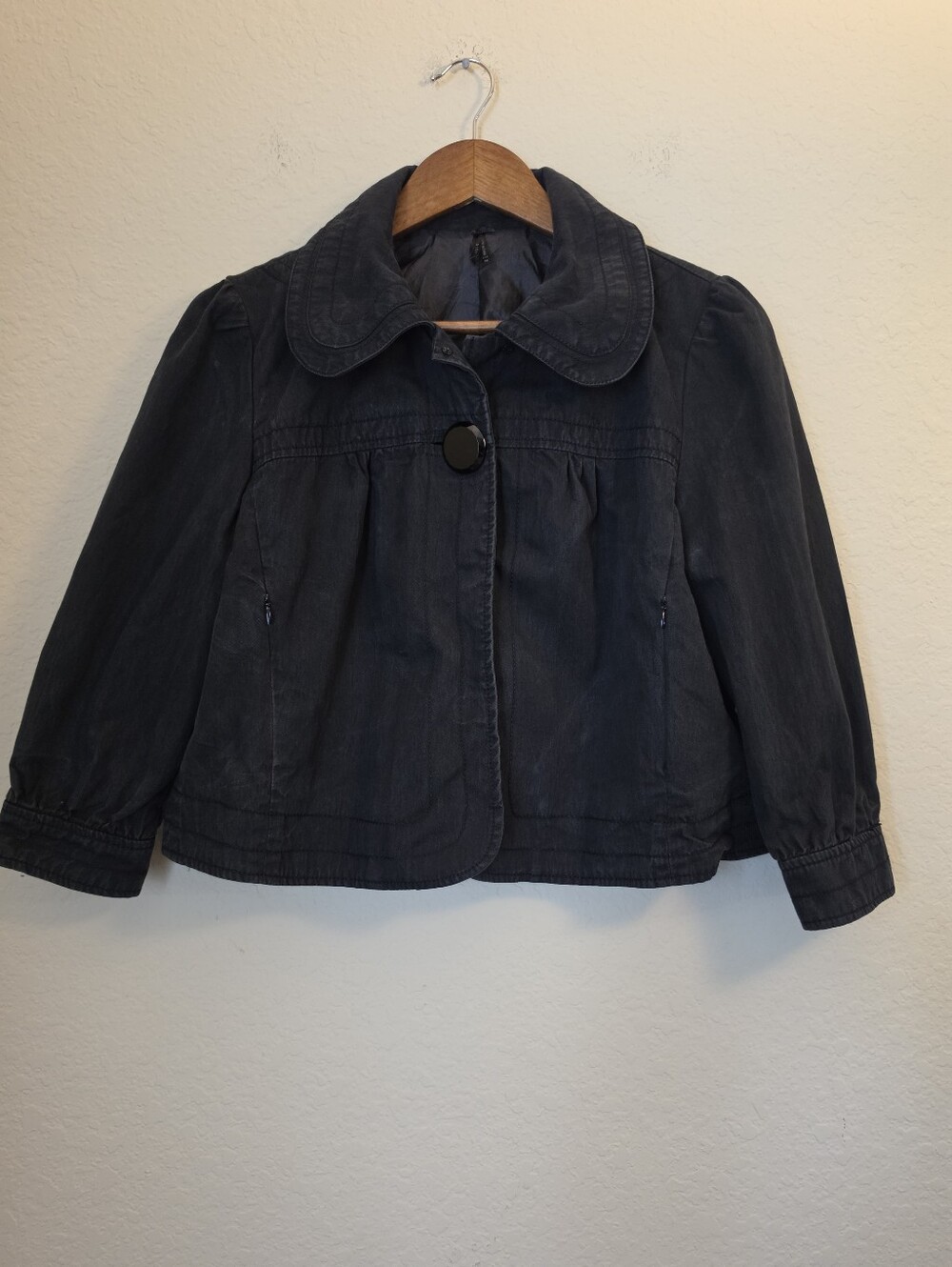 Vintage Lapis Cropped Denim Swing Jacket Womens Medium Black Button Down Y2K